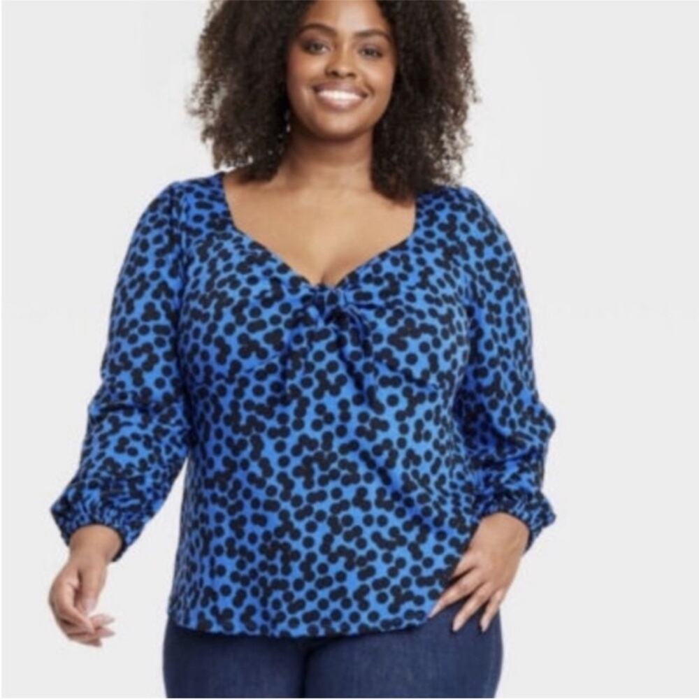 Ava & Viv Blue Polka Dot Long Sleeve Knot Front Blouse